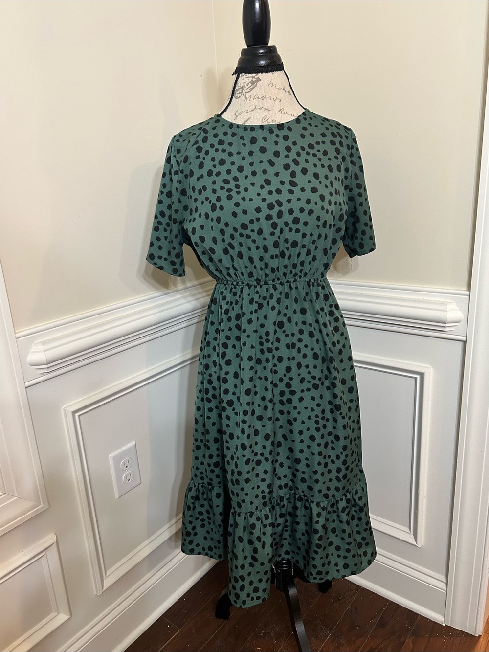 SHEIN Green Midi Dress with Black Spot Print